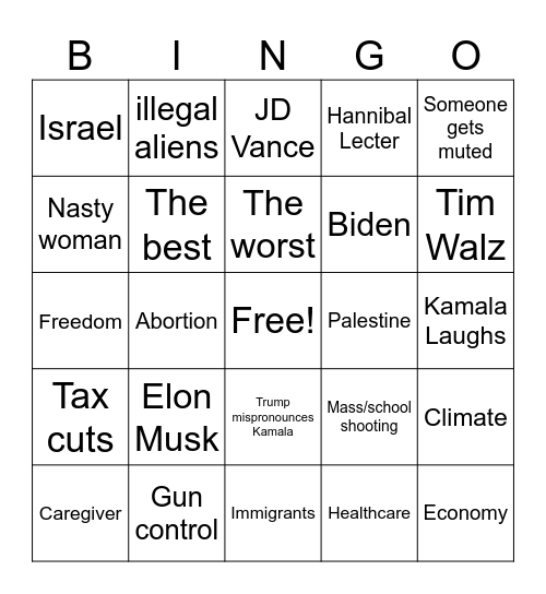 Harris Trump debate Bingo Card