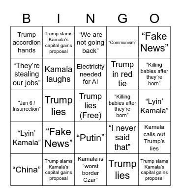 Debate Bingo - Kamala vs Trump Bingo Card