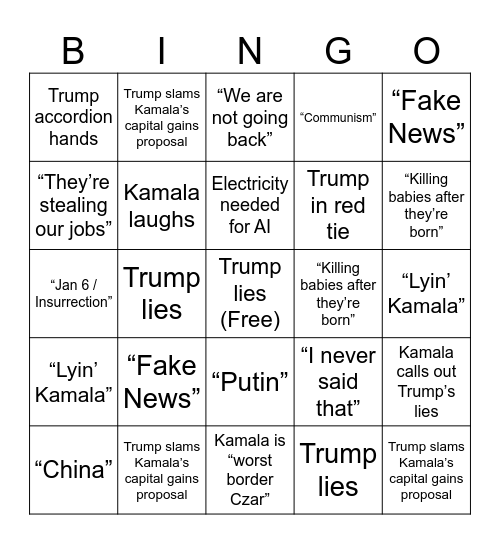 Debate Bingo - Kamala vs Trump Bingo Card