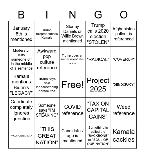 BEAN AND PENNY PRESENT: PRESIDENTIAL DEBATE BINGO #1 Bingo Card