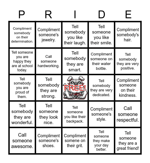 Bulldog Blackout Compliment Bingo Card