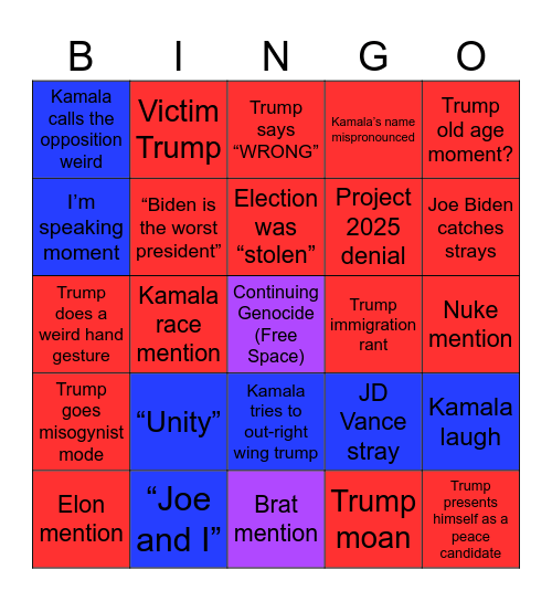 2024 Kamala vs Trump Debate Bingo Card