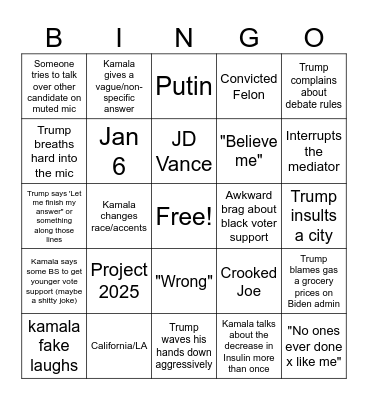 2024 Debate Bingo Card