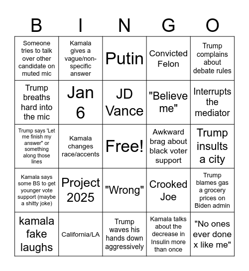 2024 Debate Bingo Card