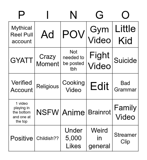 Instagram's Pingo Card Bingo Card