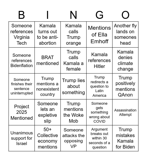 Sept. 10 Presidential Debate Bingo Card