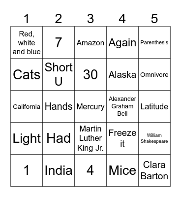 Are You Smarter Than A 5th Grader Bingo Card