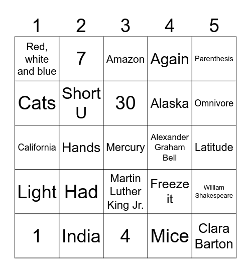 Are You Smarter Than A 5th Grader Bingo Card