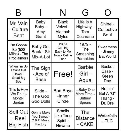 90's Hits! Bingo Card