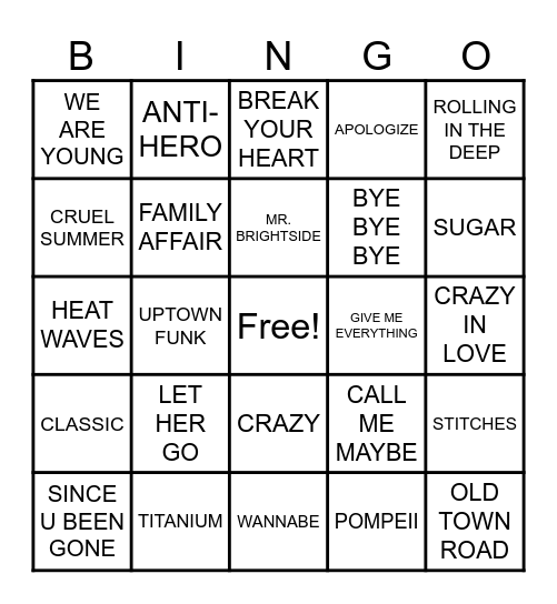 Summit Events 2000s Pop Music Bingo Card