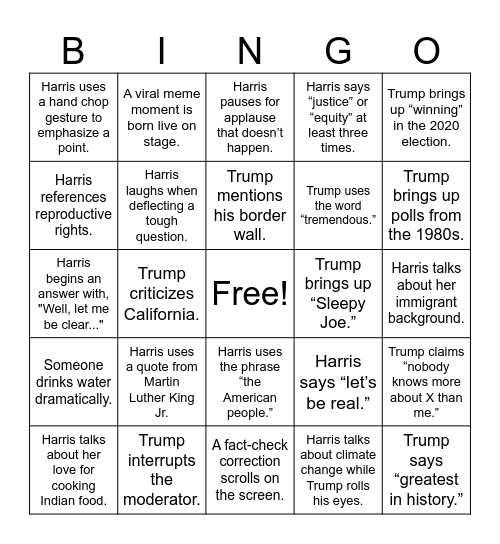 2024 Presidential Debate Bingo Card