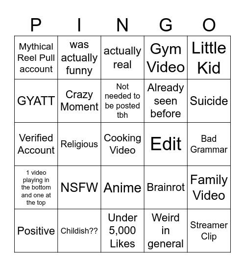 Instagram's Pingo Card Bingo Card