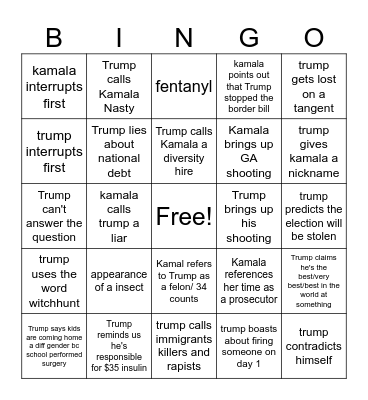Presidential Debate Bingo Card