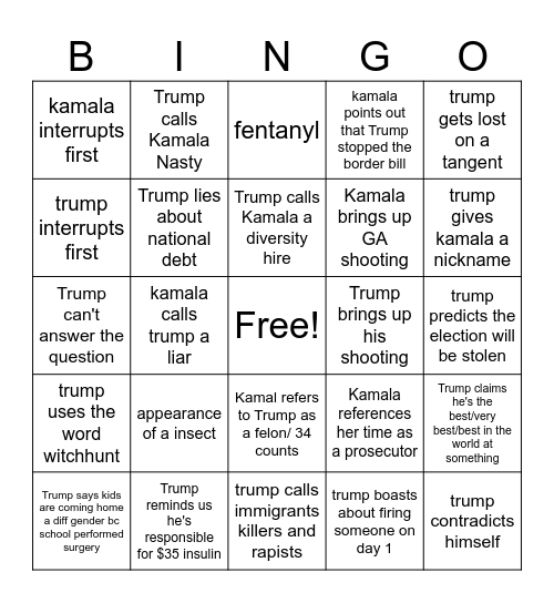 Presidential Debate Bingo Card