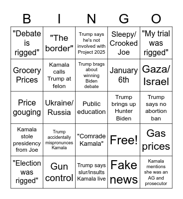Debate Night Bingo 9/10/24 Bingo Card