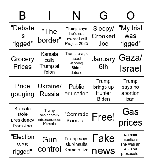 Debate Night Bingo 9/10/24 Bingo Card