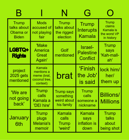 Mamala v. Cheeto 2024 Debate Bingo Card