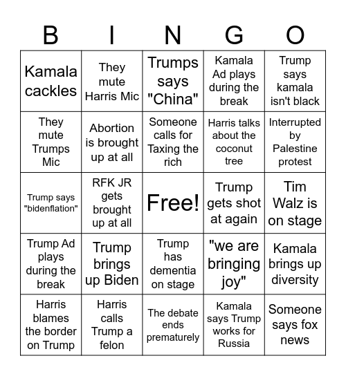 Trump v Harris Bingo Card