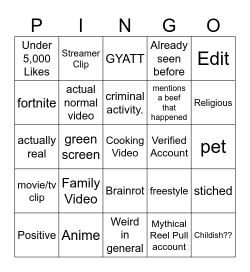 Instagram's Pingo Card Bingo Card