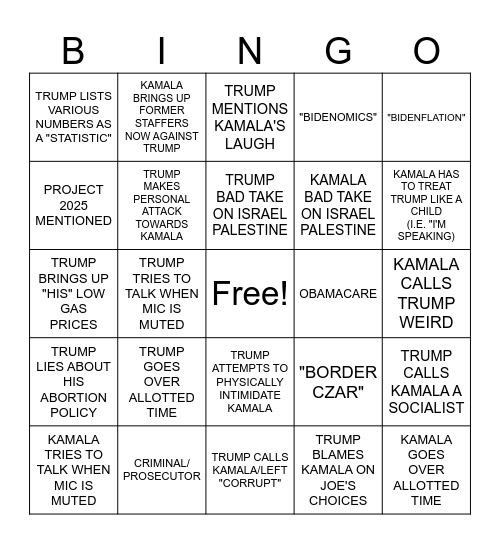 PRESIDENTIAL DEBATE BINGO Card