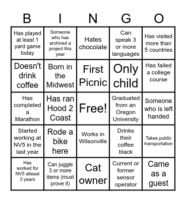 NV5 BINGO! Bingo Card