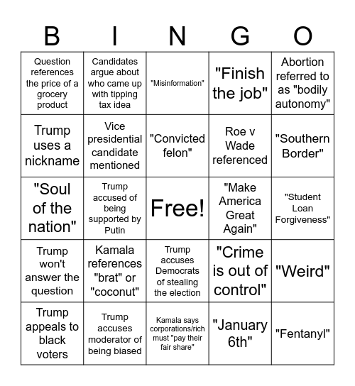 Debate Bingo Card