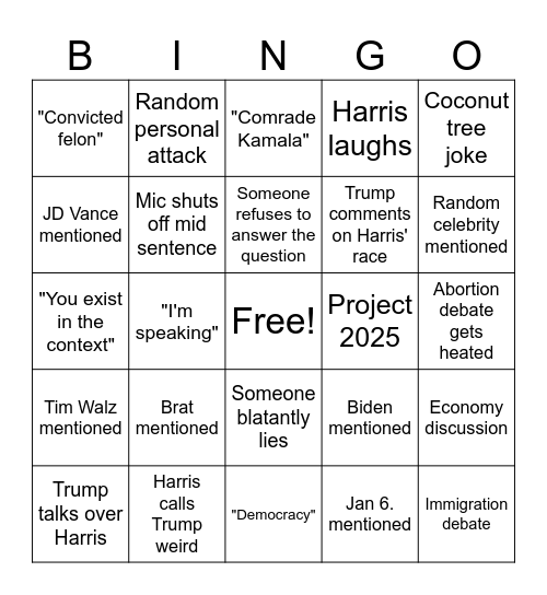 2024 Presidential Debate Bingo Card