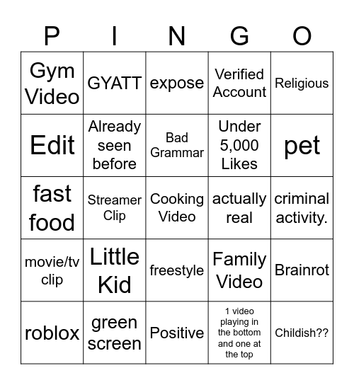 Instagram's Pingo Card Bingo Card