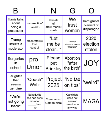 Trump-Harris Presidential Debate Bingo Card