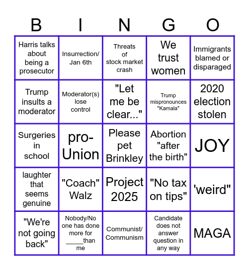 Trump-Harris Presidential Debate Bingo Card