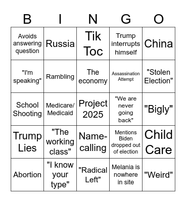 Trump Vs. Harris Presidential Debate Bingo Card