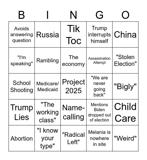 Trump Vs. Harris Presidential Debate Bingo Card