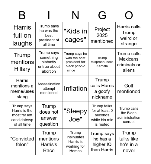 Presidential Debate Bingo Card