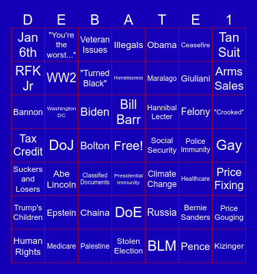 September 10th Presidential Debate Bingo Card