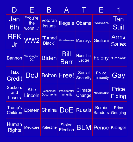 September 10th Presidential Debate Bingo Card