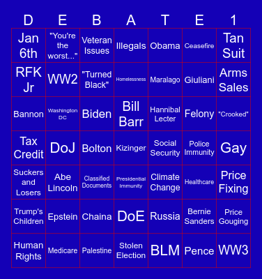 September 10th Presidential Debate Bingo Card
