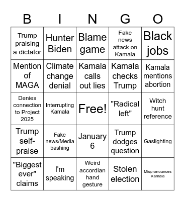 Debate Night 2024 Bingo Card
