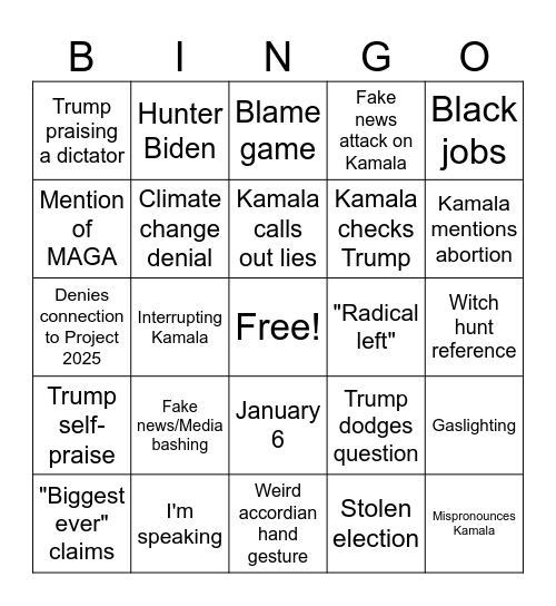 Debate Night 2024 Bingo Card