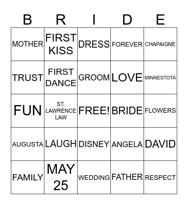 ANGELA'S BRIDAL SHOWER 3/24/13 Bingo Card