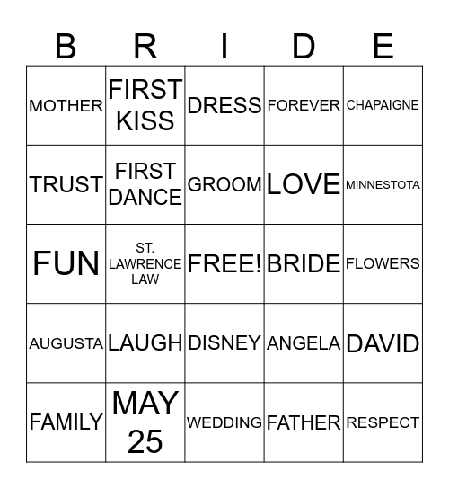 ANGELA'S BRIDAL SHOWER 3/24/13 Bingo Card