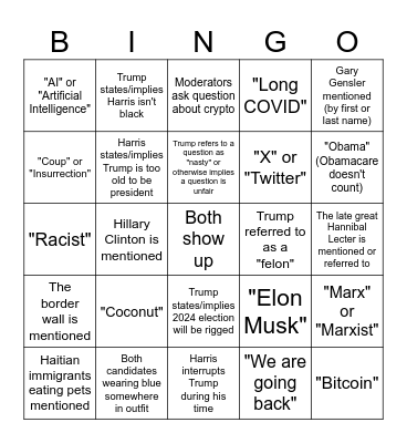 Make America Bingo Again: Debate 9/10/24 Bingo Card