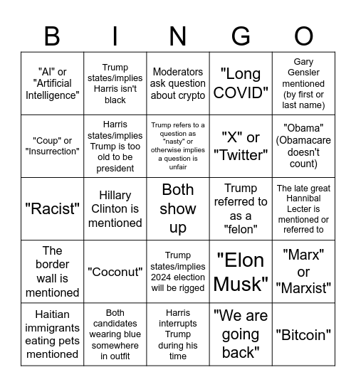 Make America Bingo Again: Debate 9/10/24 Bingo Card