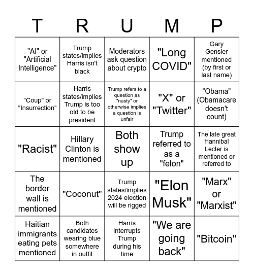 Make America Bingo Again: Debate 9/10/24 Bingo Card