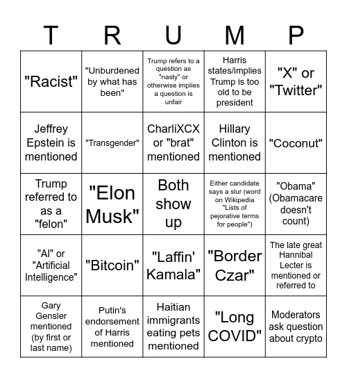 Make America Bingo Again: Debate 9/10/24 Bingo Card