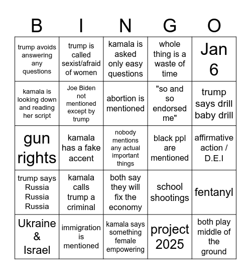 Trump Kamala Debate Bingo Card