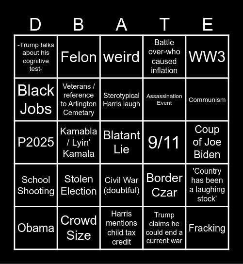 Harris-Trump Debate Bingo Card