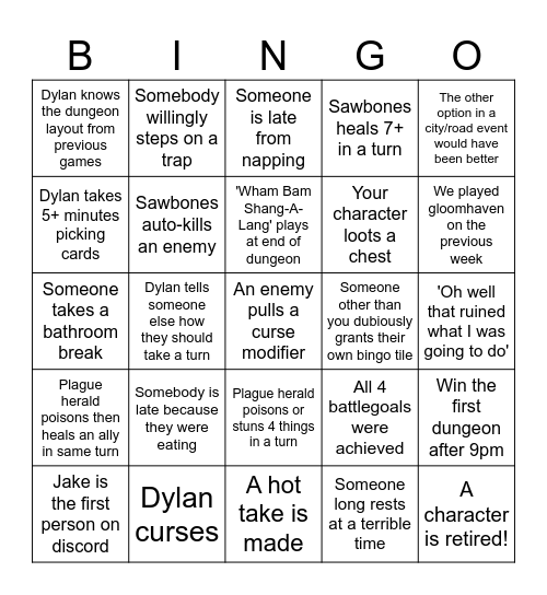 Gloomhaven 9/10 Bingo Card