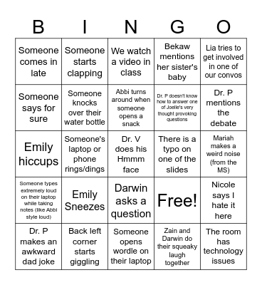 DPT Class Bingo Card