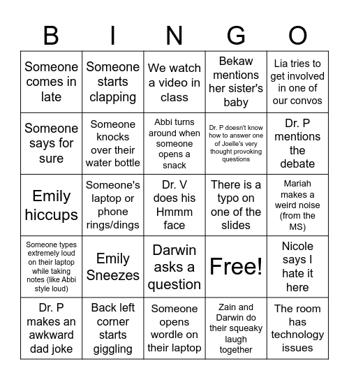 DPT Class Bingo Card