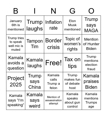 Presidential Debate Bingo Card